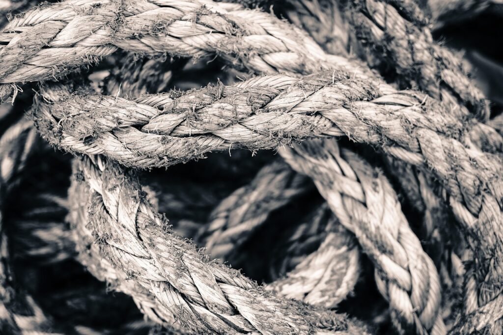 Strong rope knot, close-up, showing cordage strength